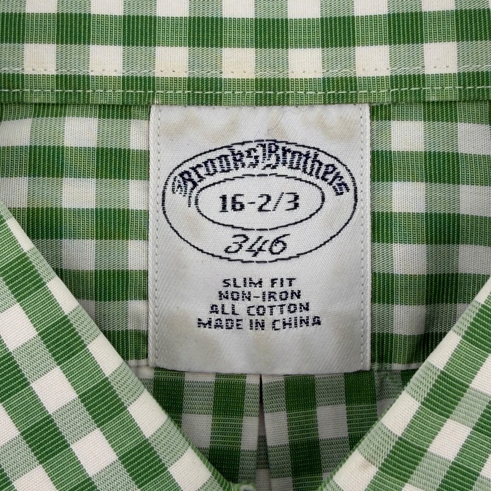 Brooks Brothers 346 Mens 16-2/3 Slim Fit Non-Iron Gingham Shirt Green White Prep - Picture 7 of 13